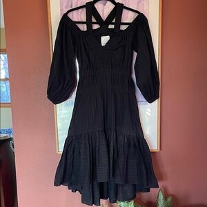Acler Black Cotton Strappy Off Shoulder MIDI Dress w/Full Ruffle Skirt, Size 2
